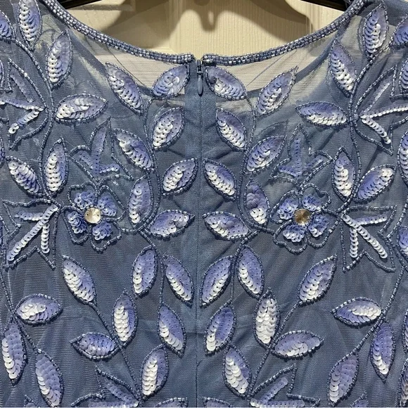 Beautiful Adrianna Papell Blue Dress with Floral Beaded & Sequins Embroidery - Picture 10 of 15